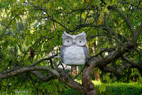 Estátua de coruja na árvore como decoração no jardim botânico em Kaliningrado — Fotografia de Stock