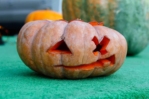 Cadılar Bayramı Balkabağı yeşil arka plan üzerinde