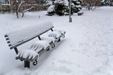 Yalnız ahşap Bank kar ile kaplı derin kış parkta