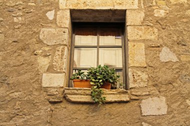 İspanyol köyü Besalu çiçek dolu bir pot ile pencere