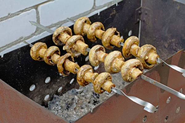 Champiñones a la parrilla en pinchos cocinados en un brasero —  Fotos de Stock