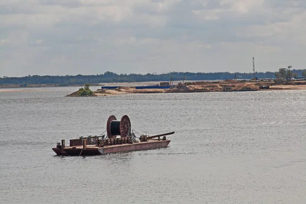 Cable Laying Bottom River Using Surface Platform Cable Drum — Stock Photo, Image