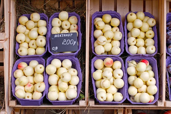 Necesidad Híbrido Nectarina Albaricoque Ciruela Envases Cartón Púrpura Mercado —  Fotos de Stock