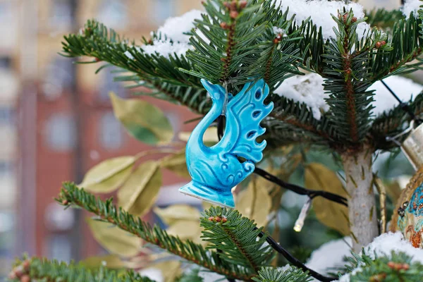 Moscow Russia December 2018 Blue Ceramic Swan Christmas Toy Hanging — Stock Photo, Image