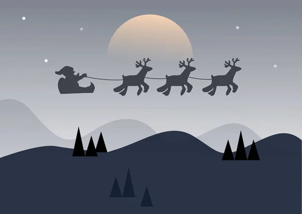 圣诞老人在雪橇上和驯鹿一起飞翔 孤立对象 黑色剪影圣诞节 — 图库照片