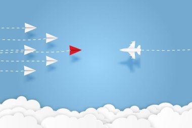 Başarılı bir amaca ulaşmak için savaş uçağı ile kağıt uçak dövüşü yapmak vektör iş dünyasının finansal konseptini başlatmak liderlik, yaratıcı fikir simgesi kağıt sanatı stili ve metin için kopyalama alanı. resimleme