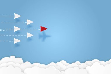 Kağıt uçağın gölgesi, savaş uçağı başarı hedefi vektör iş kurma finansal konsepti, liderlik, yaratıcı fikir simgesi kağıt sanatının metni kopyalama alanı. resimleme