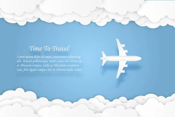 Mavi gökyüzü ve bulut taşımacılığı konsepti ile uçan uçak yolculuğu zamanı. Metin için kopyalama uzayı. vektör illüstrasyonu