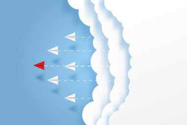 Kağıt uçak, başarı hedefi vektör iş finansal konseptine yönelir. Liderlik, yaratıcı fikir simgesi kağıt sanat stili ve metin için kopyalama alanı. resimleme