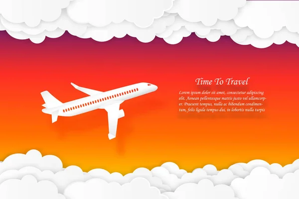 Temps Voyager Avion Volant Avec Coucher Soleil Ciel Nuage Concept — Image vectorielle