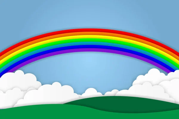 Nubes Arco Iris Prados Con Fondo Cielo Azul Arte Estilo — Archivo Imágenes Vectoriales