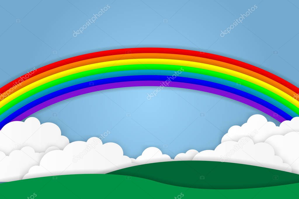 Rainbow clouds and meadows with blue sky background paper art cut style. vector illustration