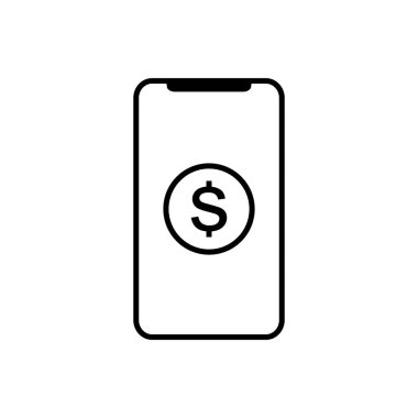 Dolar sembolü vektörlü akıllı telefon. İnternetten alışveriş konsepti. Finansal cep telefonu simgesi. Grafik tasarımı için online ödeme, logo, web sitesi, sosyal medya, mobil uygulama, ui illüstrasyon