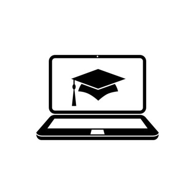 Grafik tasarım, logo, web sitesi, sosyal medya, mobil uygulama, ui illüstrasyon için eğitim şapkası işareti olan e-öğrenim simgesi dizüstü bilgisayarı
