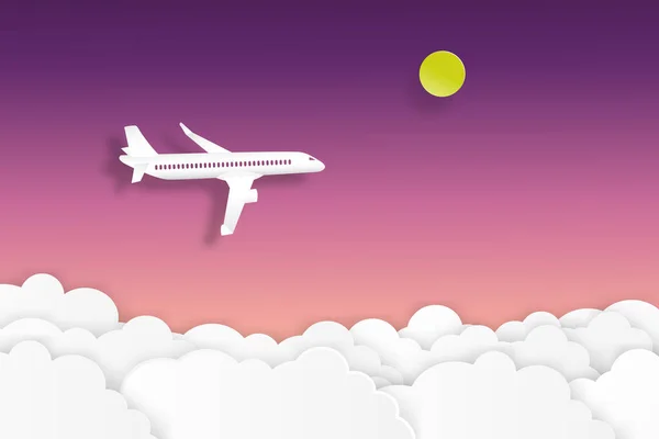 Samolot Latający Półmroku Niebo Księżyca Chmury Transportu Podróży Koncepcja Papier — Wektor stockowy
