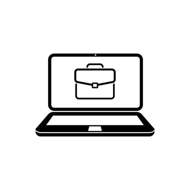 Çevrimiçi çalışan vektör simgesi dizüstü bilgisayar ve çanta çantası sembolü web tasarım, logo, bilgi, UI. resimleme