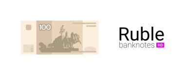 100 ruble Rusya parası. Gerçek banknot illüstrasyonu. Düz dizayn. Vektör grafiğindeki en popüler Rus banknotu.