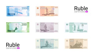 Vektör grafiğindeki en popüler Rus banknotları. Rus parası. Düz dizayn. Rusya 'nın Ruble banknotları.