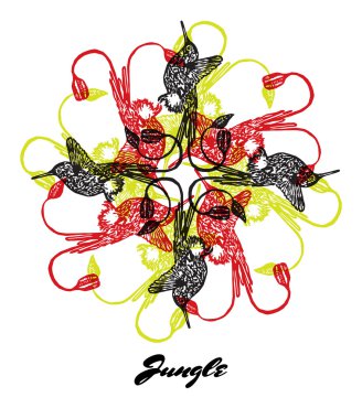 Hummingbird ve bitkiler ile Jungle ruh oyma fraktal çıkış kompozisyon