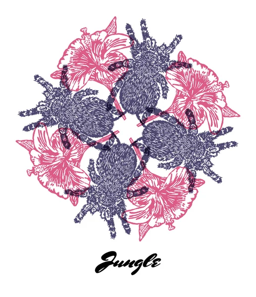 Jungle Mood graverade Fractal utlopp komposition med Tarantula Spider — Stock vektor
