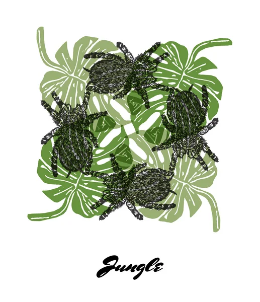 Composition de sortie fractale gravée d'humeur jungle avec araignée Tarentule — Image vectorielle