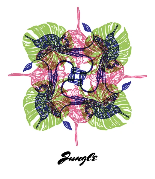 Jungle Mood graverade Fractal utlopp komposition med kolibrier och växter — Stock vektor