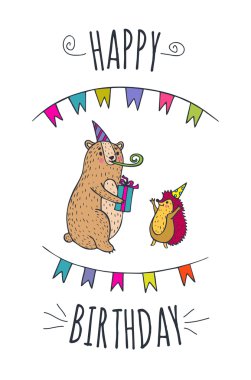 Mutlu doğum günü kartı ile ayı ve kirpi karakter.