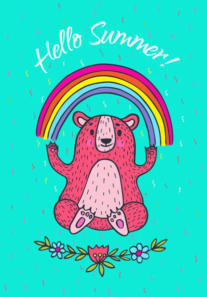 Hola tarjeta de verano con carácter oso y arco iris . — Vector de stock