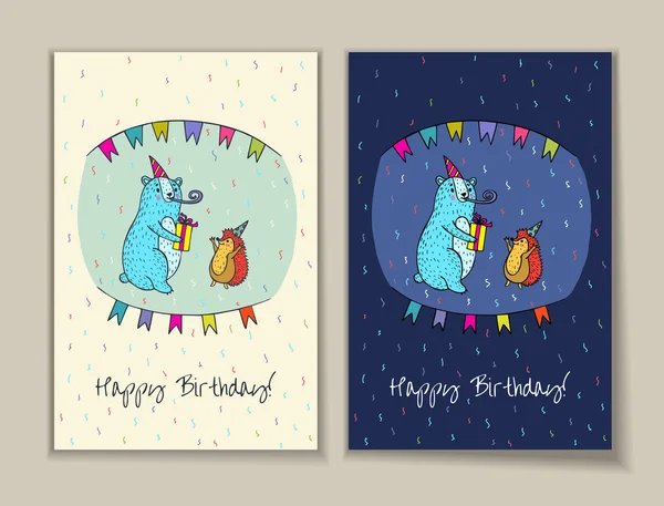 Conjunto de feliz aniversário de cartão com personagens de urso e ouriço . —  Vetores de Stock