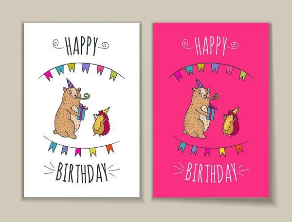 Buon compleanno set di carte con personaggi orso e riccio . — Vettoriale Stock