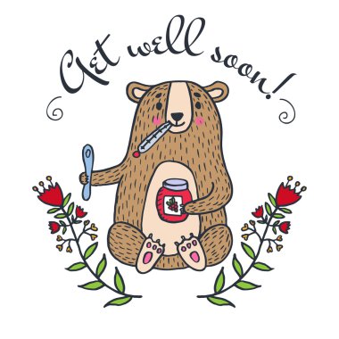 Get well soon card with teddy bear and jam