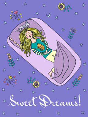 Kız ve kedi uyku ile iyi geceler kartı