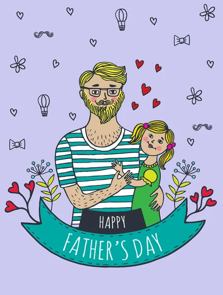 Cartão de dia do pai feliz com pai e filha — Vetor de Stock