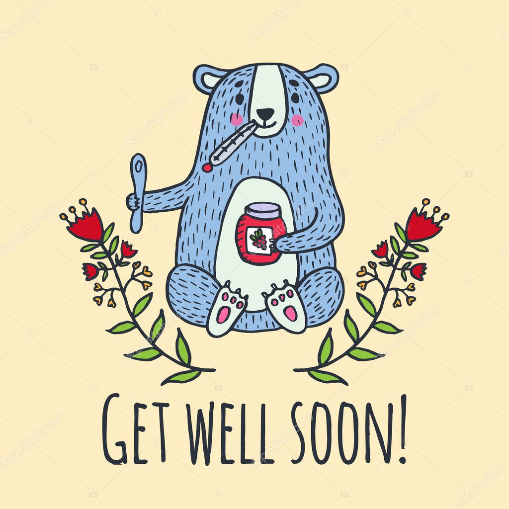 Get well soon card with teddy bear and jam Stock Vector by