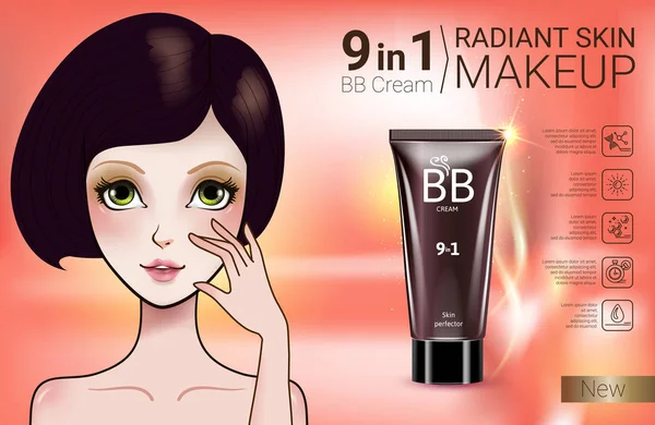 Ilustración vectorial con chica de estilo Manga y tubo de fundación de maquillaje . — Vector de stock
