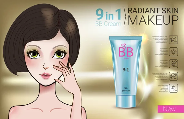 Ilustración vectorial con chica de estilo Manga y tubo de fundación de maquillaje . — Vector de stock