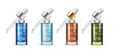 Beyaz arka plan üzerinde izole gerçekçi serum şişeleri vektör çizim.