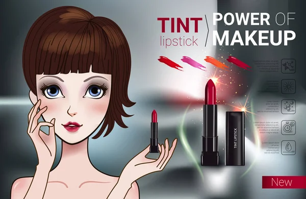 Vectorillustratie met Manga stijl meisje en make-up lippenstift product. — Stockvector