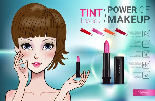 Ilustración vectorial con chica de estilo Manga y producto de lápiz labial de maquillaje . — Vector de stock