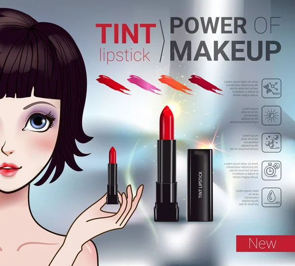 Ilustración vectorial con chica de estilo Manga y producto de lápiz labial de maquillaje . — Vector de stock
