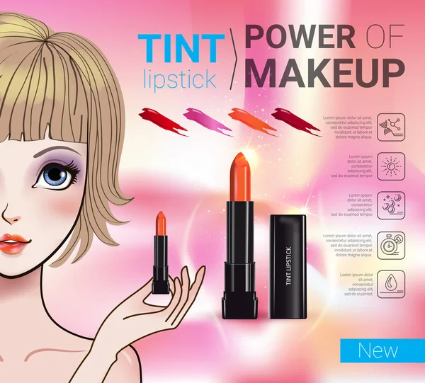 Ilustração vetorial com menina estilo Manga e produto de batom de maquiagem . —  Vetores de Stock