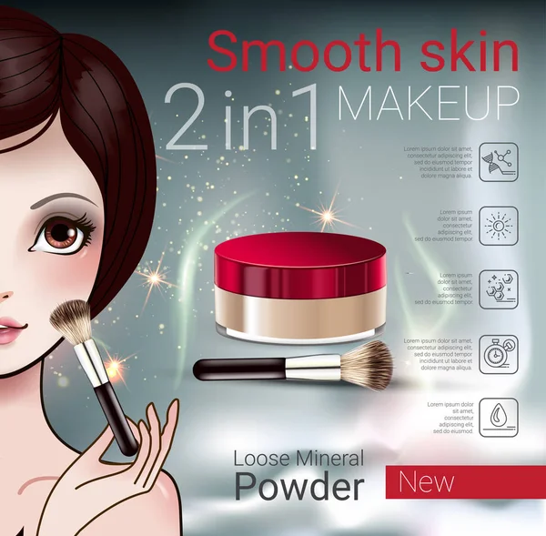 Ilustración del vector con la muchacha del estilo del manga y el polvo suelto del maquillaje . — Vector de stock