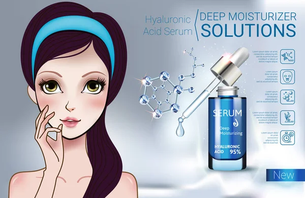 Εικονογράφηση διάνυσμα κορίτσι στυλ Manga με Hyaluronic Acid Serum — Διανυσματικό Αρχείο