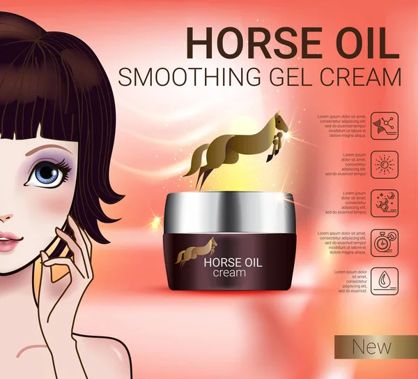 Ilustración vectorial con la muchacha del estilo del manga y la crema del aceite del caballo — Vector de stock