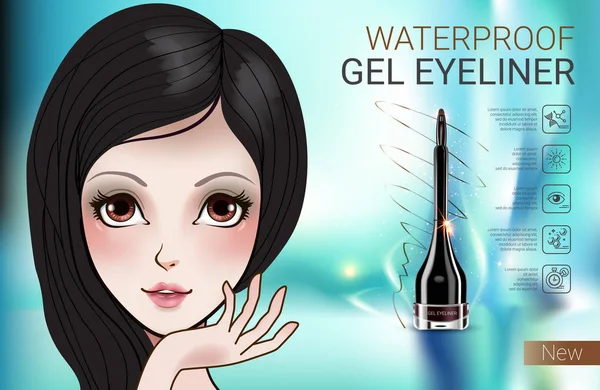 Vektör çizim Manga tarzı kız ve jel eyeliner konteyner ile. — Stok Vektör