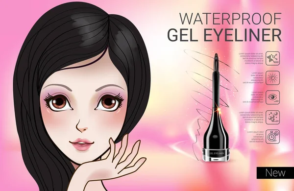 Vektör çizim Manga tarzı kız ve jel eyeliner konteyner ile. — Stok Vektör