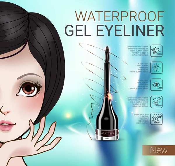 Illustrazione vettoriale con ragazza in stile manga e contenitore eyeliner gel . — Vettoriale Stock