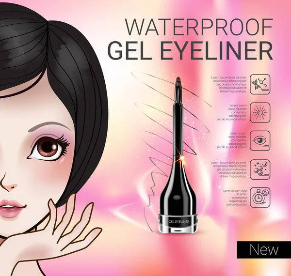 Illustrazione vettoriale con ragazza in stile manga e contenitore eyeliner gel . — Vettoriale Stock