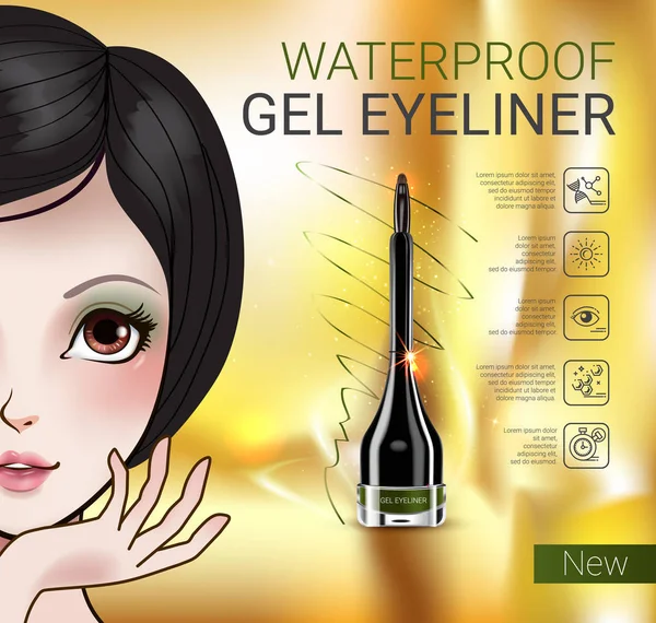 Illustrazione vettoriale con ragazza in stile manga e contenitore eyeliner gel . — Vettoriale Stock