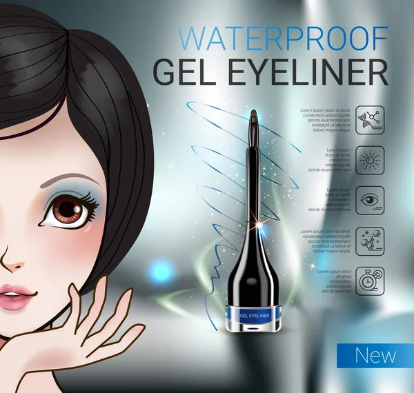 Vectorillustratie met Manga stijl meisje en gel eyeliner container. — Stockvector